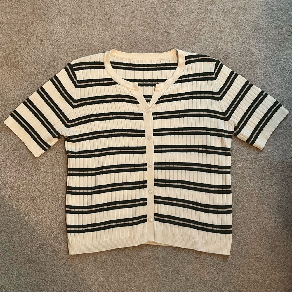 DAZY Green & Beige Striped Ribbed Short Sleeve Cardigan